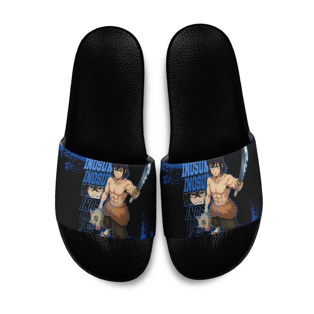 Inosuke Hashibira Demon Slayer Blue Grunge Design Slide Sandals with Boar Mask and Dual Sword Pose - The Mazicc