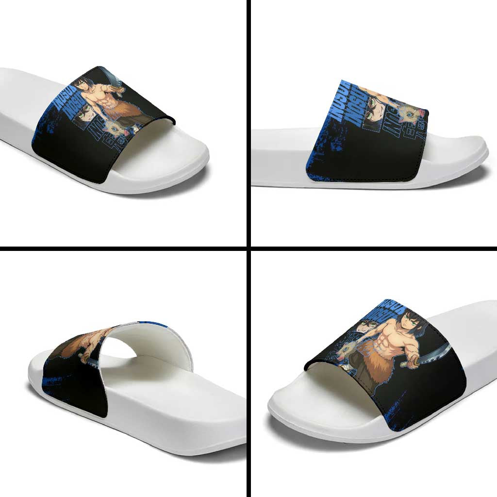 Inosuke Hashibira Demon Slayer Blue Grunge Design Slide Sandals with Boar Mask and Dual Sword Pose - The Mazicc