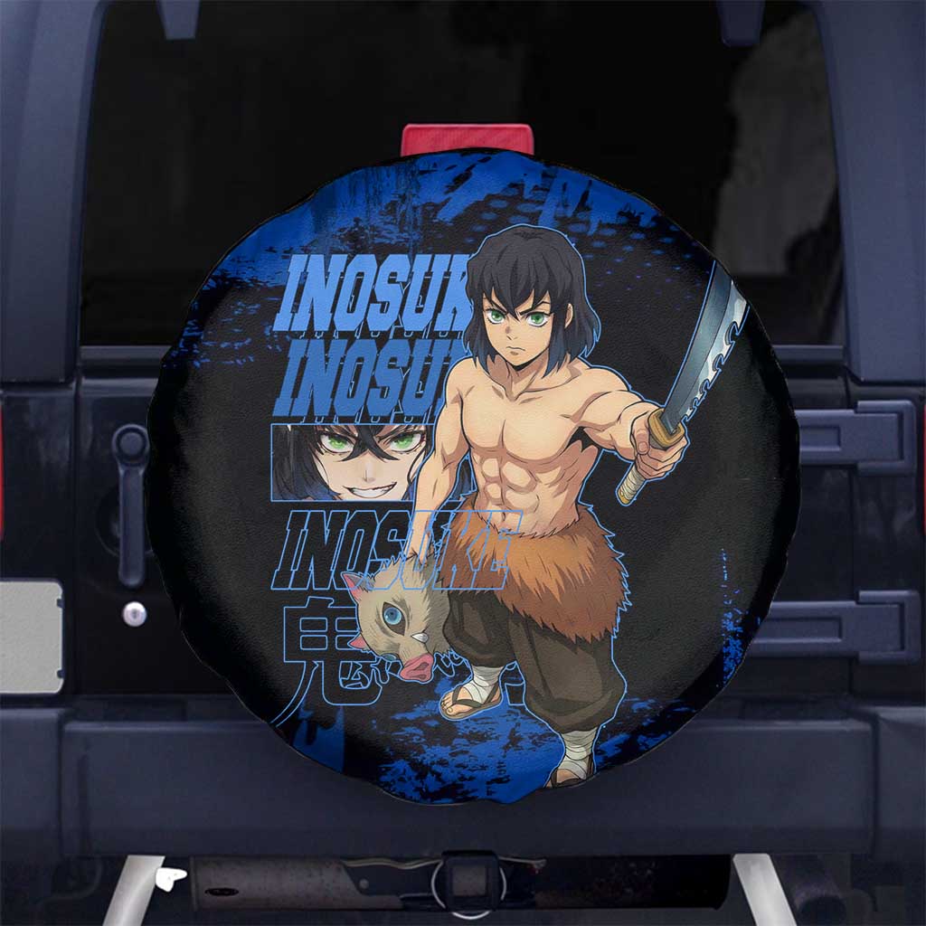 Inosuke Hashibira Demon Slayer Blue Grunge Design Spare Tire Cover with Boar Mask and Dual Sword Pose - The Mazicc