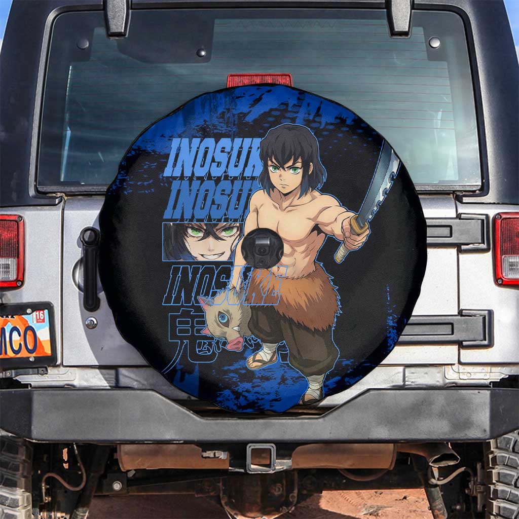 Inosuke Hashibira Demon Slayer Blue Grunge Design Spare Tire Cover with Boar Mask and Dual Sword Pose - The Mazicc