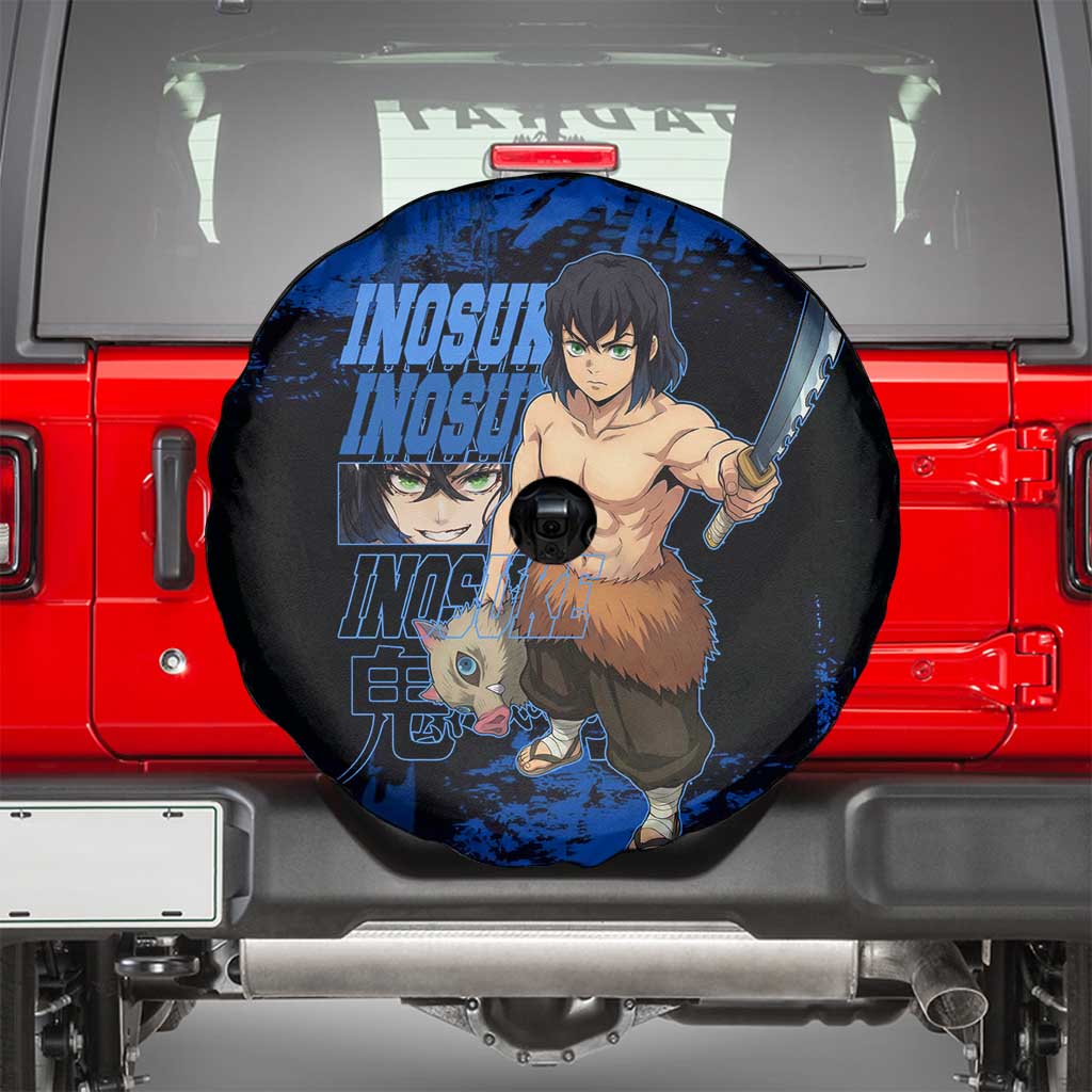 Inosuke Hashibira Demon Slayer Blue Grunge Design Spare Tire Cover with Boar Mask and Dual Sword Pose - The Mazicc
