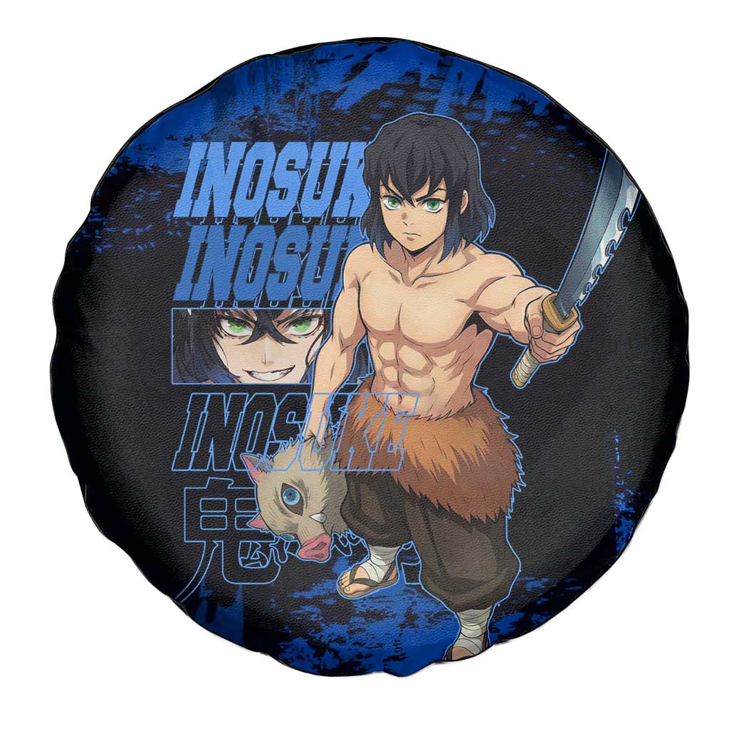 Inosuke Hashibira Demon Slayer Blue Grunge Design Spare Tire Cover with Boar Mask and Dual Sword Pose - The Mazicc