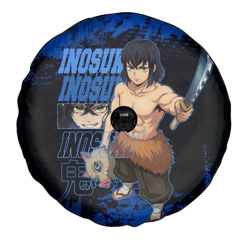 Inosuke Hashibira Demon Slayer Blue Grunge Design Spare Tire Cover with Boar Mask and Dual Sword Pose - The Mazicc