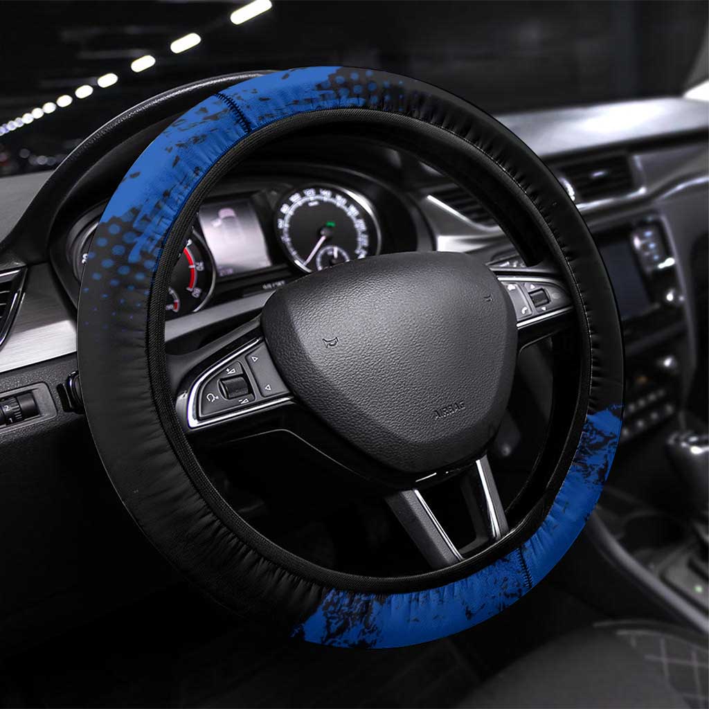 Inosuke Hashibira Demon Slayer Blue Grunge Design Steering Wheel Cover with Boar Mask and Dual Sword Pose - The Mazicc