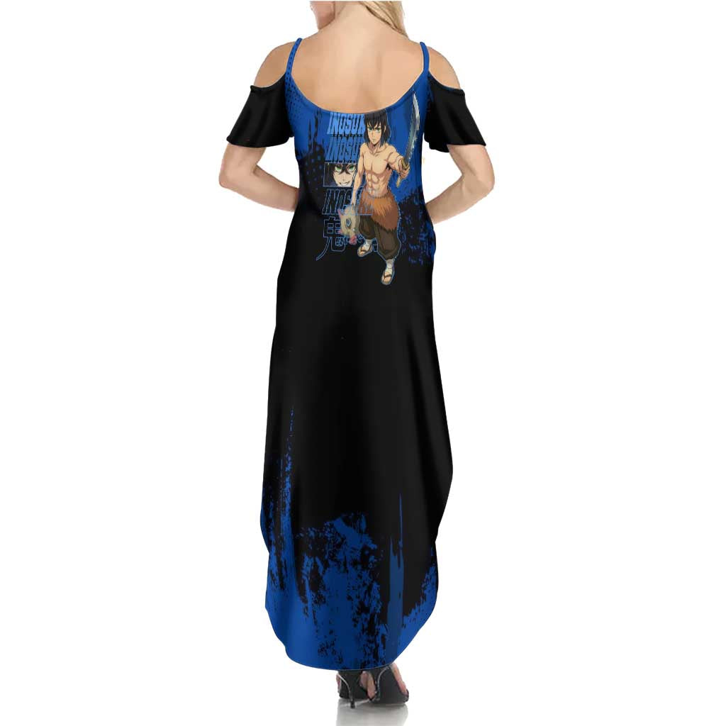 Inosuke Hashibira Demon Slayer Blue Grunge Design Summer Maxi Dress with Boar Mask and Dual Sword Pose - The Mazicc