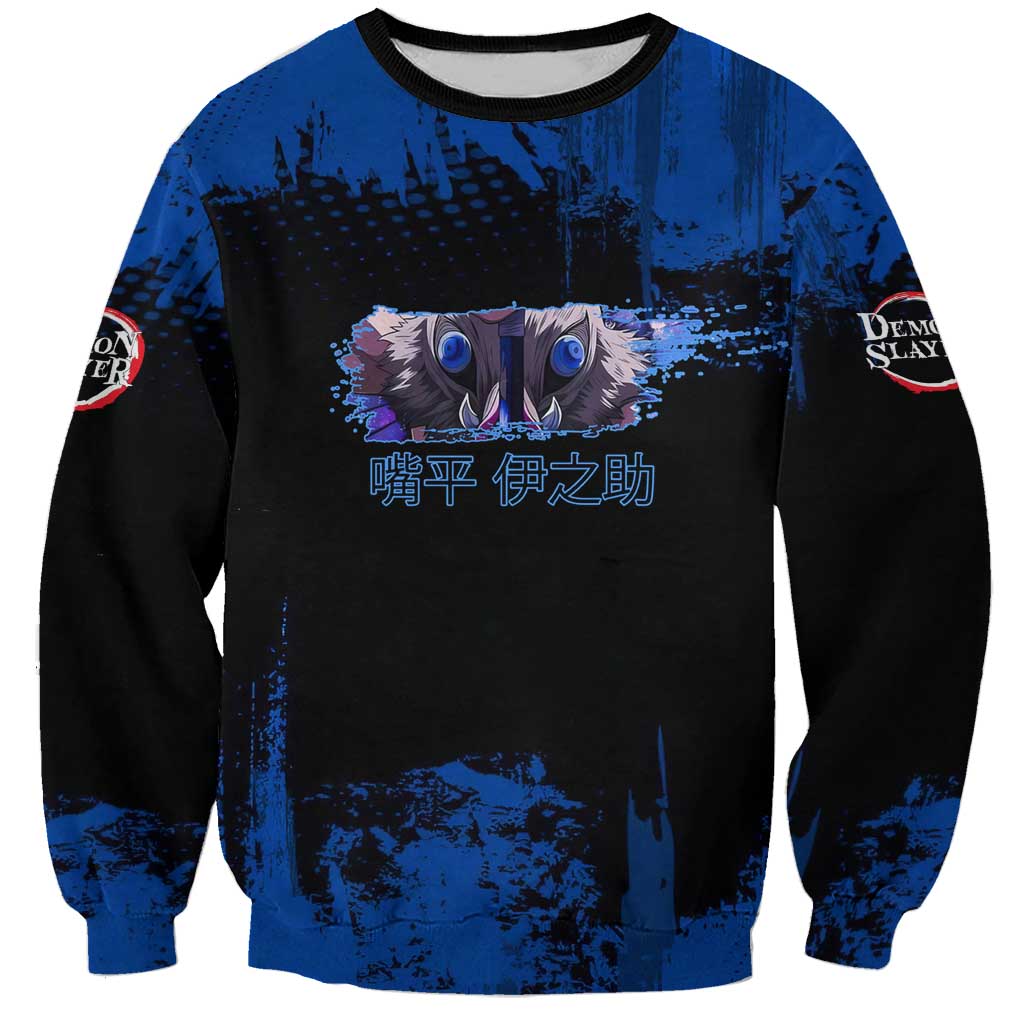 Inosuke Hashibira Demon Slayer Blue Grunge Design Sweatshirt with Boar Mask and Dual Sword Pose - The Mazicc