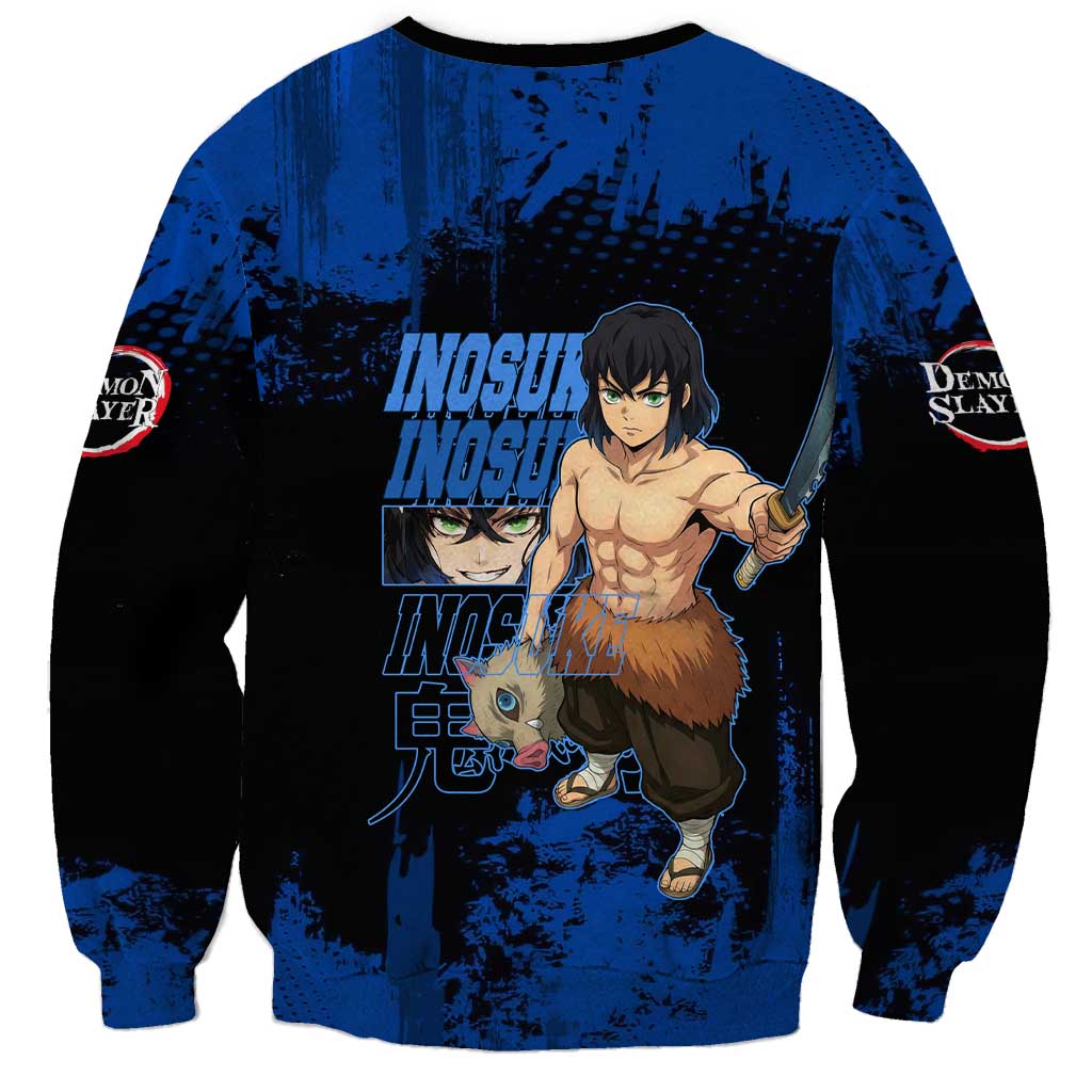 Inosuke Hashibira Demon Slayer Blue Grunge Design Sweatshirt with Boar Mask and Dual Sword Pose - The Mazicc