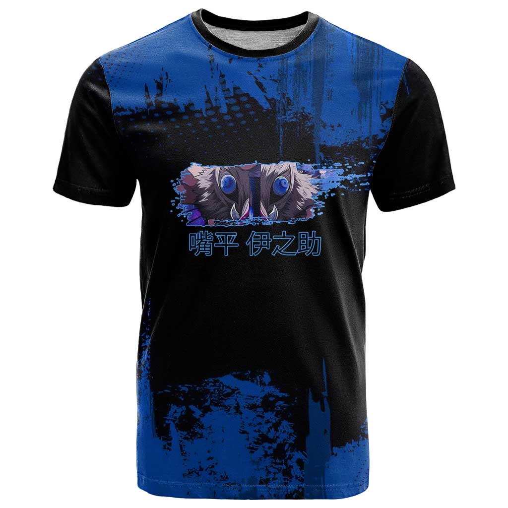 Inosuke Hashibira Demon Slayer Blue Grunge Design T Shirt with Boar Mask and Dual Sword Pose - The Mazicc