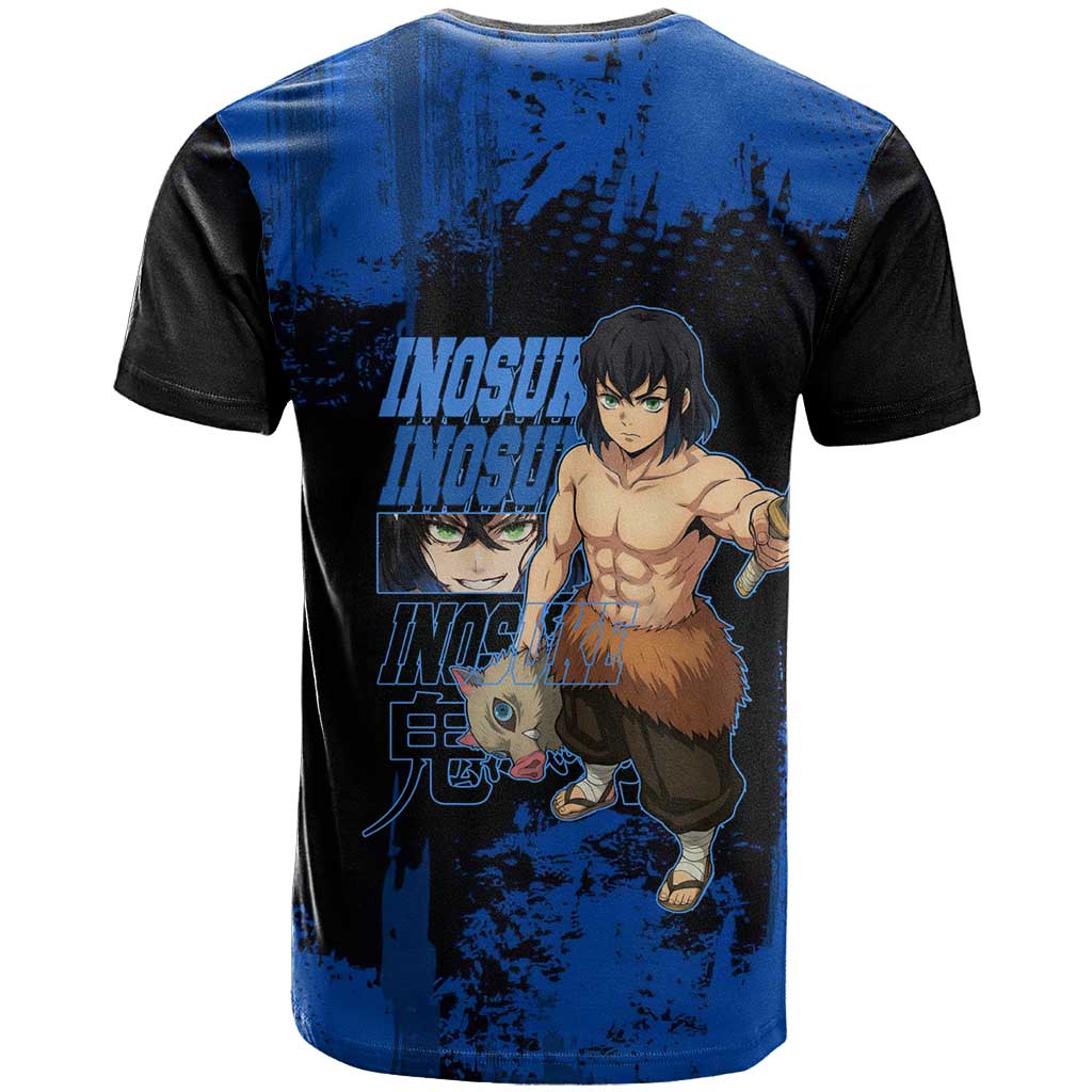 Inosuke Hashibira Demon Slayer Blue Grunge Design T Shirt with Boar Mask and Dual Sword Pose - The Mazicc