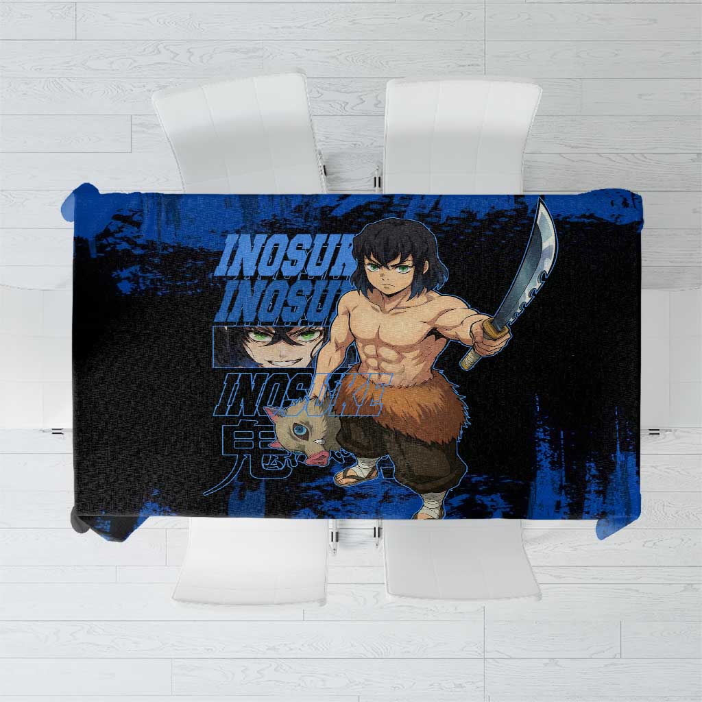 Inosuke Hashibira Demon Slayer Blue Grunge Design Tablecloth with Boar Mask and Dual Sword Pose - The Mazicc