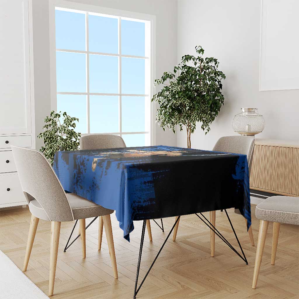 Inosuke Hashibira Demon Slayer Blue Grunge Design Tablecloth with Boar Mask and Dual Sword Pose - The Mazicc