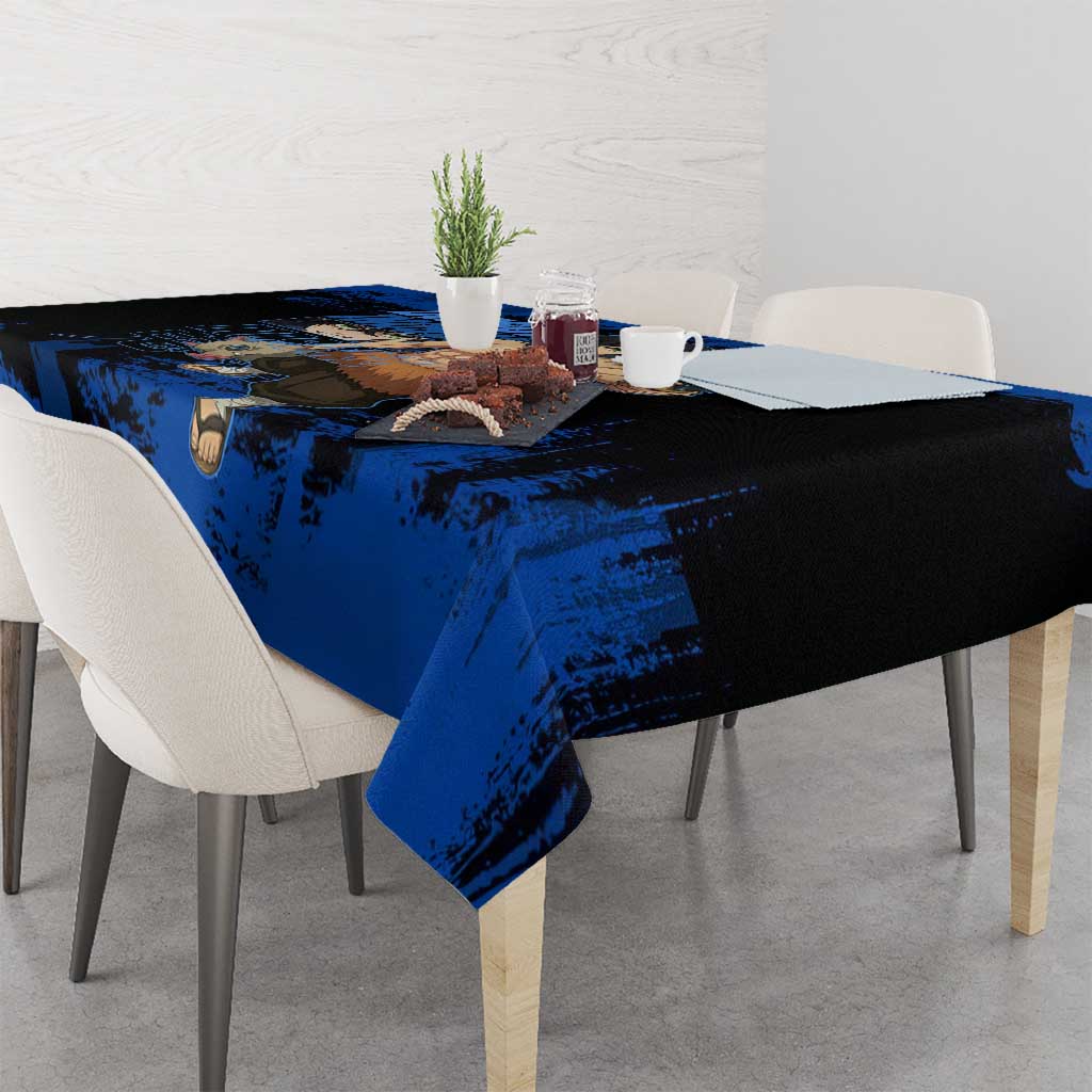Inosuke Hashibira Demon Slayer Blue Grunge Design Tablecloth with Boar Mask and Dual Sword Pose - The Mazicc