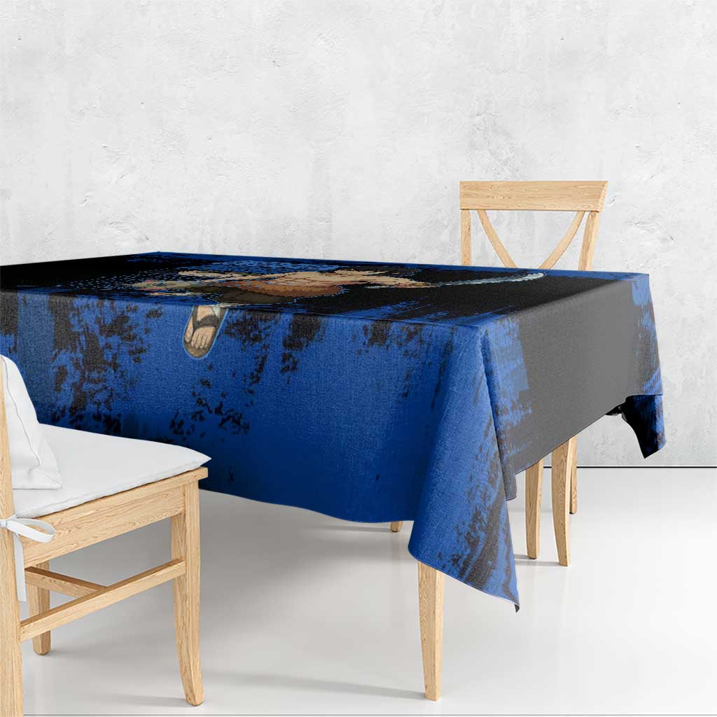 Inosuke Hashibira Demon Slayer Blue Grunge Design Tablecloth with Boar Mask and Dual Sword Pose - The Mazicc