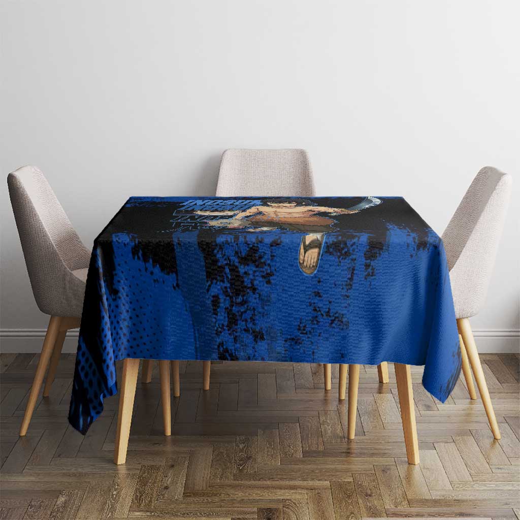 Inosuke Hashibira Demon Slayer Blue Grunge Design Tablecloth with Boar Mask and Dual Sword Pose - The Mazicc