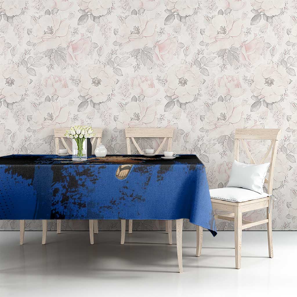 Inosuke Hashibira Demon Slayer Blue Grunge Design Tablecloth with Boar Mask and Dual Sword Pose - The Mazicc