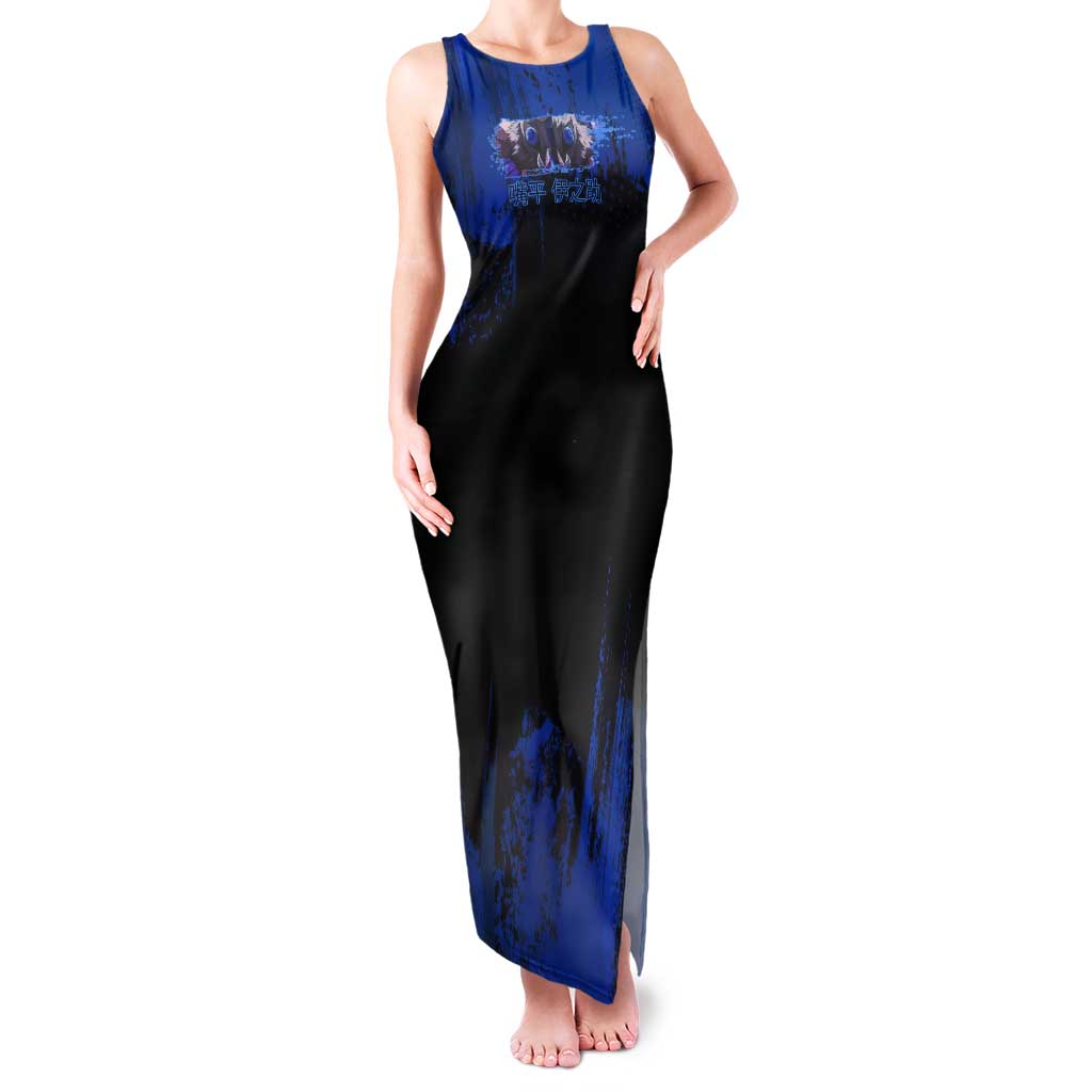 Inosuke Hashibira Demon Slayer Blue Grunge Design Tank Maxi Dress with Boar Mask and Dual Sword Pose - The Mazicc