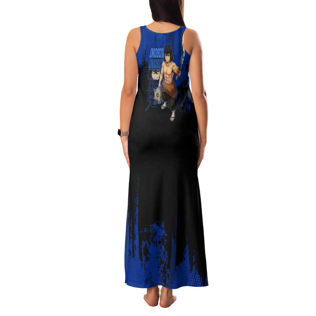 Inosuke Hashibira Demon Slayer Blue Grunge Design Tank Maxi Dress with Boar Mask and Dual Sword Pose - The Mazicc