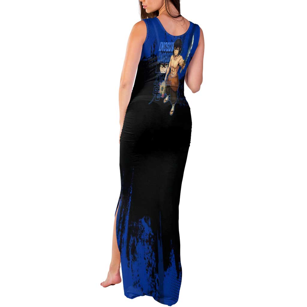Inosuke Hashibira Demon Slayer Blue Grunge Design Tank Maxi Dress with Boar Mask and Dual Sword Pose - The Mazicc