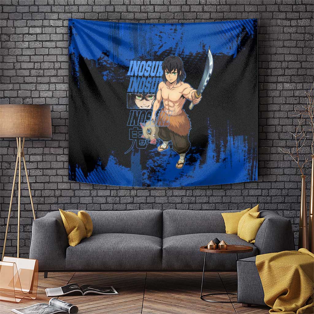 Inosuke Hashibira Demon Slayer Blue Grunge Design Tapestry with Boar Mask and Dual Sword Pose - The Mazicc