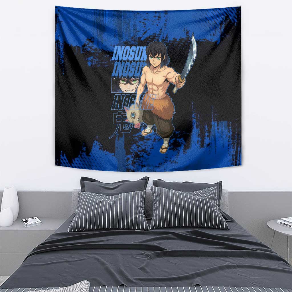 Inosuke Hashibira Demon Slayer Blue Grunge Design Tapestry with Boar Mask and Dual Sword Pose - The Mazicc