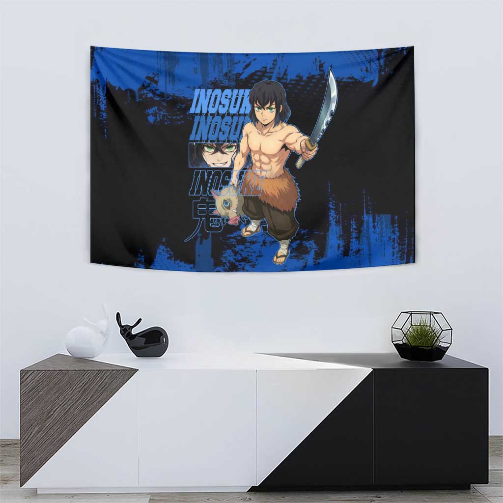 Inosuke Hashibira Demon Slayer Blue Grunge Design Tapestry with Boar Mask and Dual Sword Pose - The Mazicc