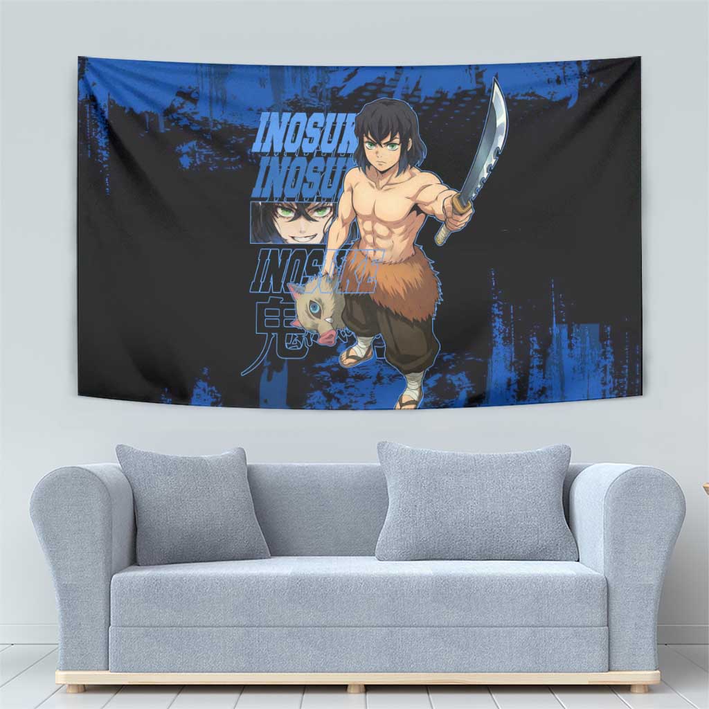 Inosuke Hashibira Demon Slayer Blue Grunge Design Tapestry with Boar Mask and Dual Sword Pose - The Mazicc