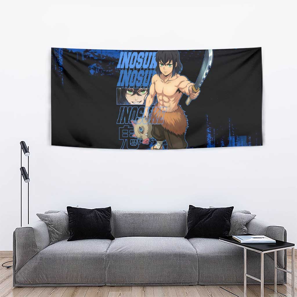 Inosuke Hashibira Demon Slayer Blue Grunge Design Tapestry with Boar Mask and Dual Sword Pose - The Mazicc