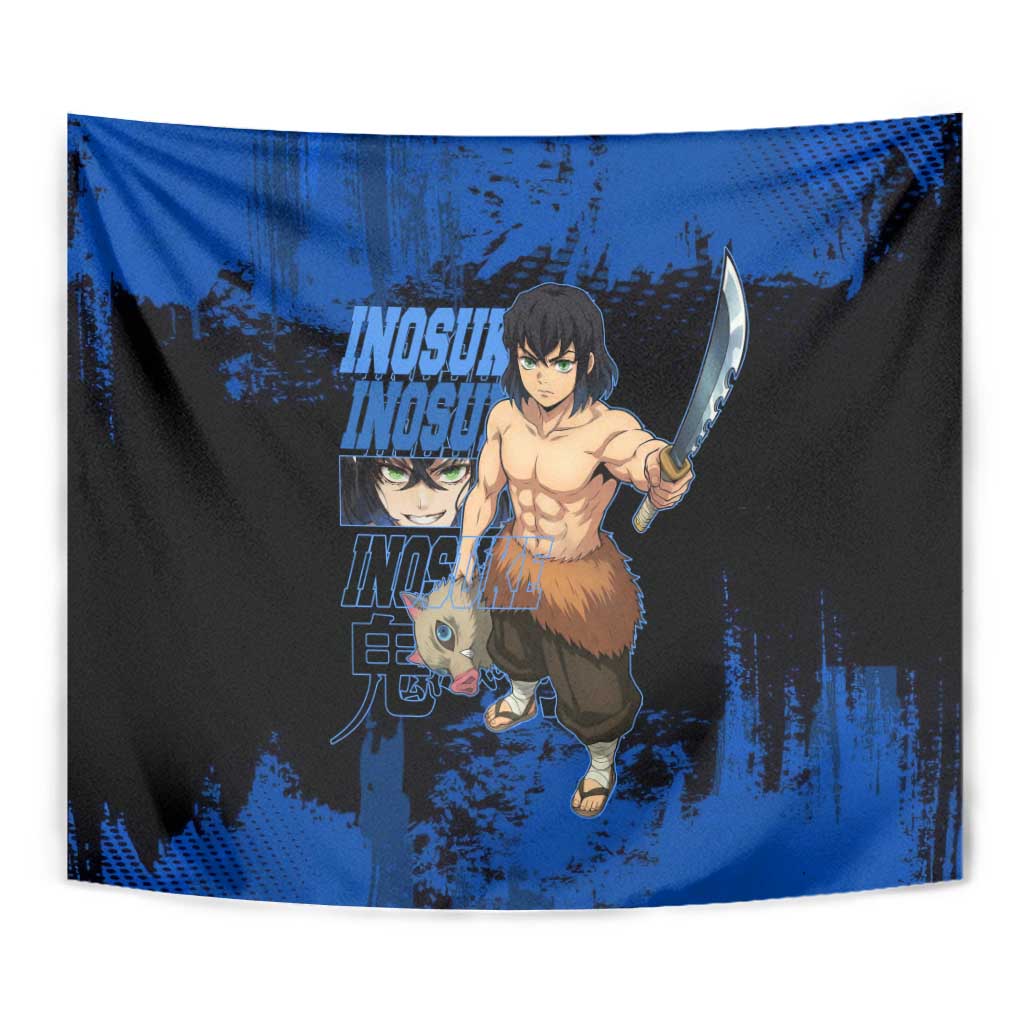 Inosuke Hashibira Demon Slayer Blue Grunge Design Tapestry with Boar Mask and Dual Sword Pose - The Mazicc