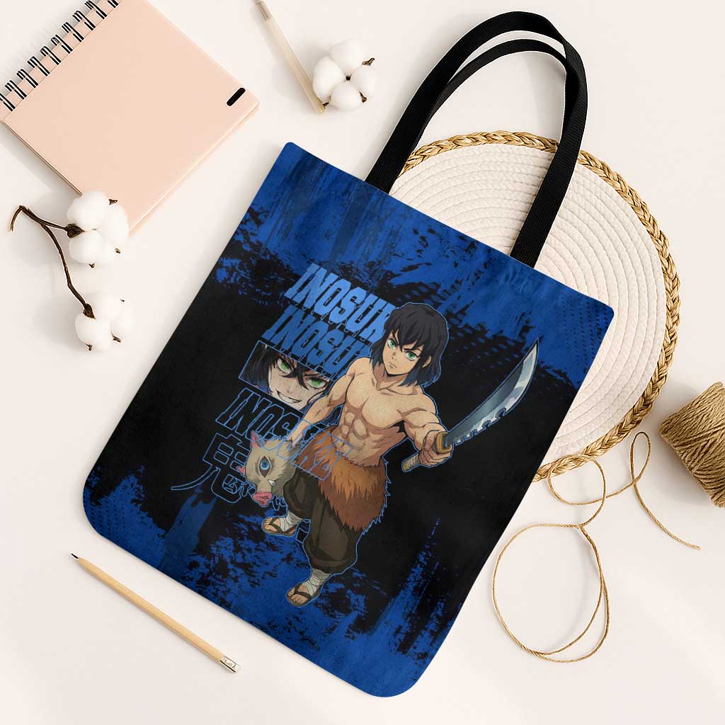 Inosuke Hashibira Demon Slayer Blue Grunge Design Tote Bag with Boar Mask and Dual Sword Pose - The Mazicc