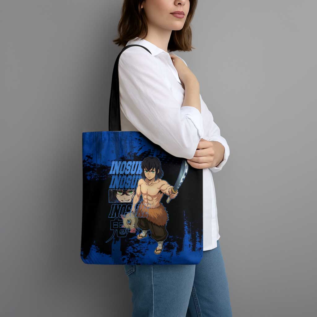 Inosuke Hashibira Demon Slayer Blue Grunge Design Tote Bag with Boar Mask and Dual Sword Pose - The Mazicc