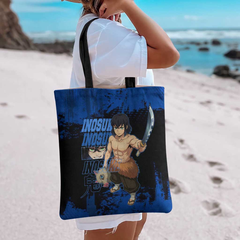 Inosuke Hashibira Demon Slayer Blue Grunge Design Tote Bag with Boar Mask and Dual Sword Pose - The Mazicc