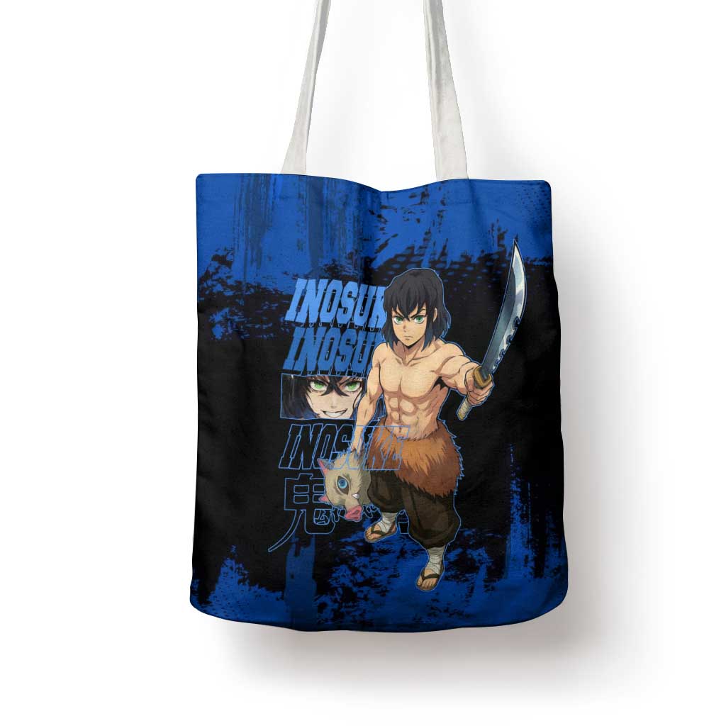 Inosuke Hashibira Demon Slayer Blue Grunge Design Tote Bag with Boar Mask and Dual Sword Pose - The Mazicc