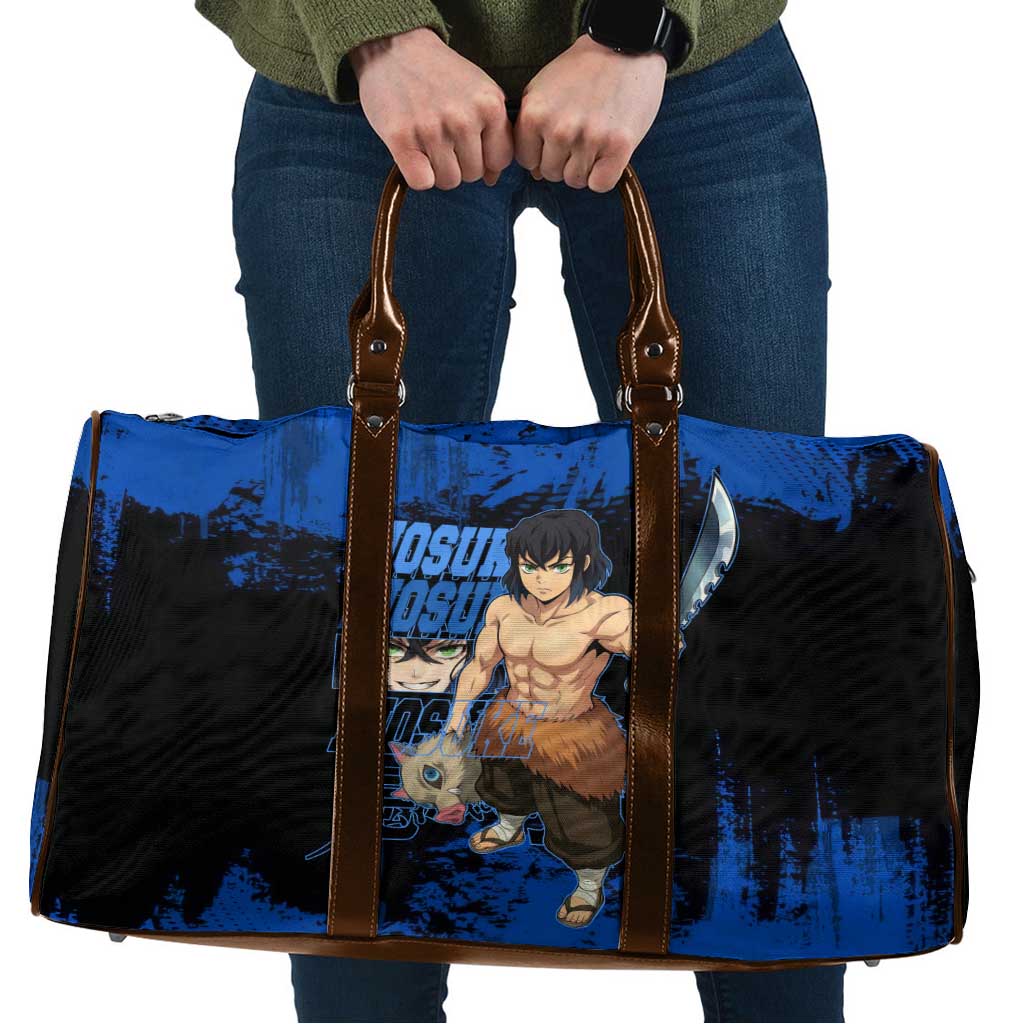 Inosuke Hashibira Demon Slayer Blue Grunge Design Travel Bag with Boar Mask and Dual Sword Pose - The Mazicc