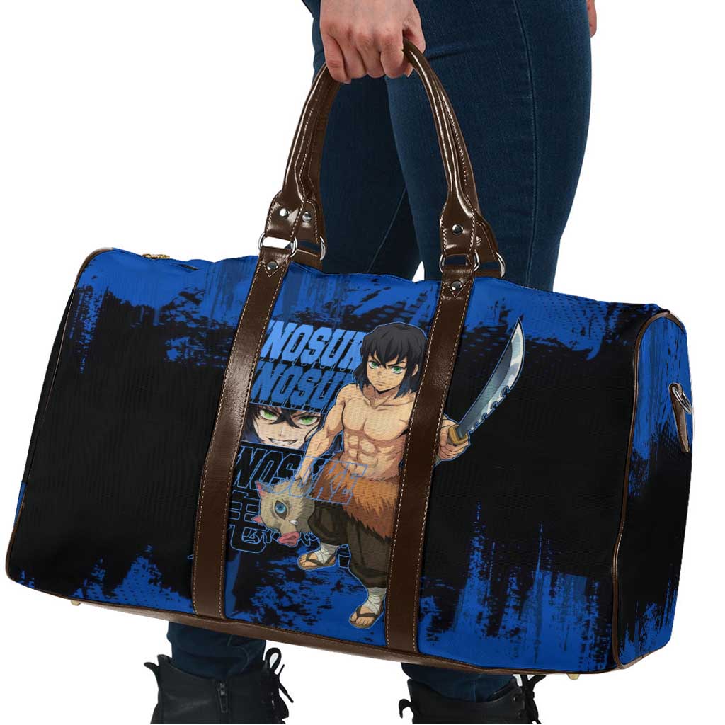 Inosuke Hashibira Demon Slayer Blue Grunge Design Travel Bag with Boar Mask and Dual Sword Pose - The Mazicc