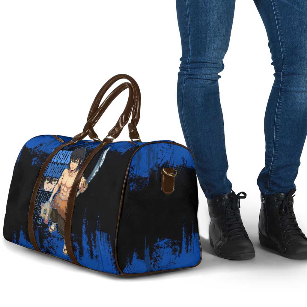 Inosuke Hashibira Demon Slayer Blue Grunge Design Travel Bag with Boar Mask and Dual Sword Pose - The Mazicc