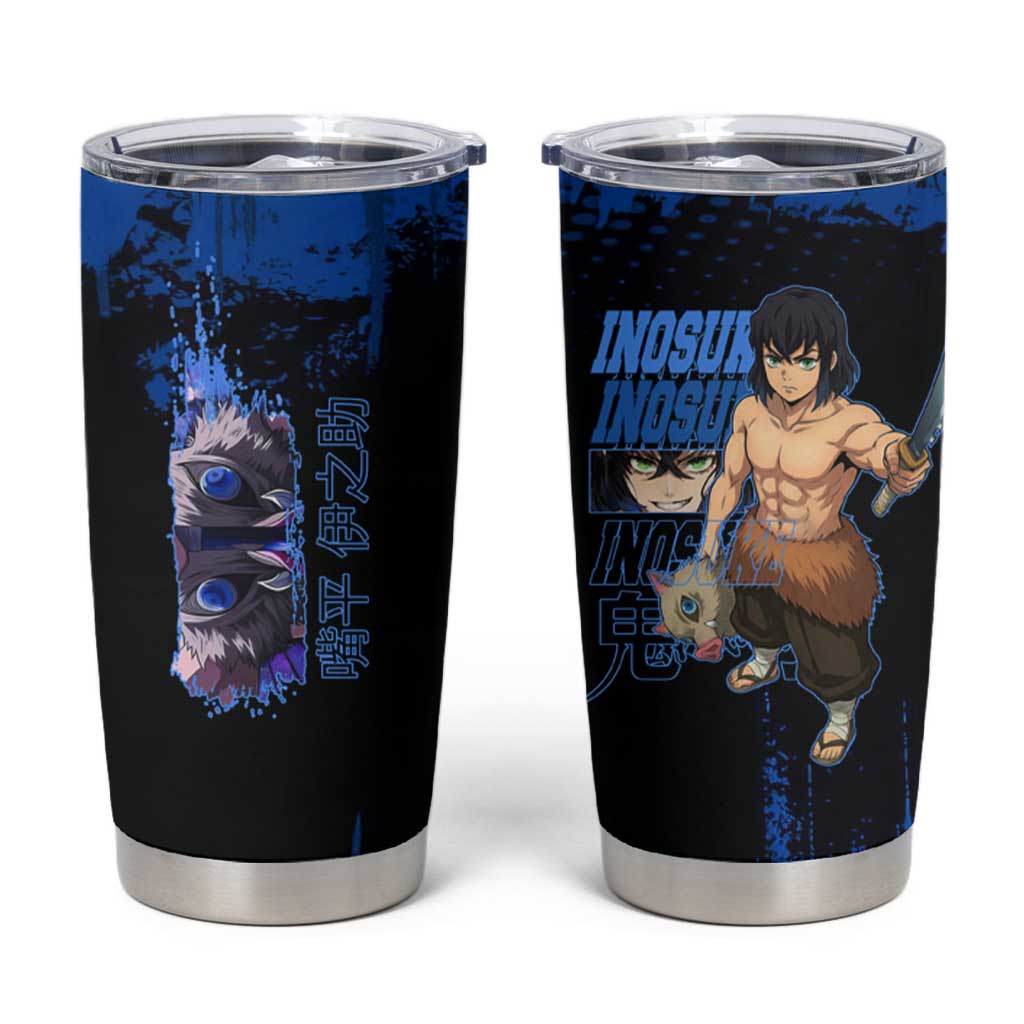 Inosuke Hashibira Demon Slayer Blue Grunge Design Tumbler Cup with Boar Mask and Dual Sword Pose - The Mazicc