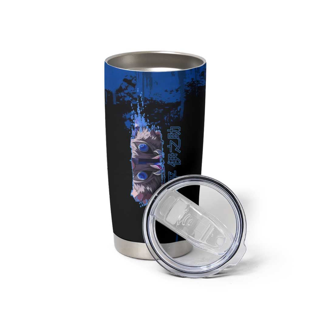 Inosuke Hashibira Demon Slayer Blue Grunge Design Tumbler Cup with Boar Mask and Dual Sword Pose - The Mazicc