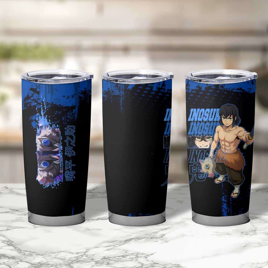 Inosuke Hashibira Demon Slayer Blue Grunge Design Tumbler Cup with Boar Mask and Dual Sword Pose - The Mazicc