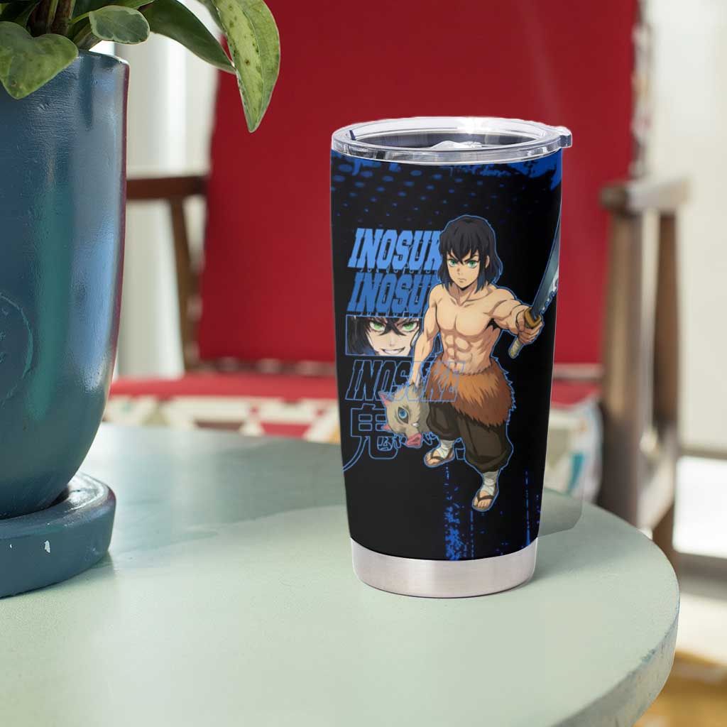 Inosuke Hashibira Demon Slayer Blue Grunge Design Tumbler Cup with Boar Mask and Dual Sword Pose - The Mazicc