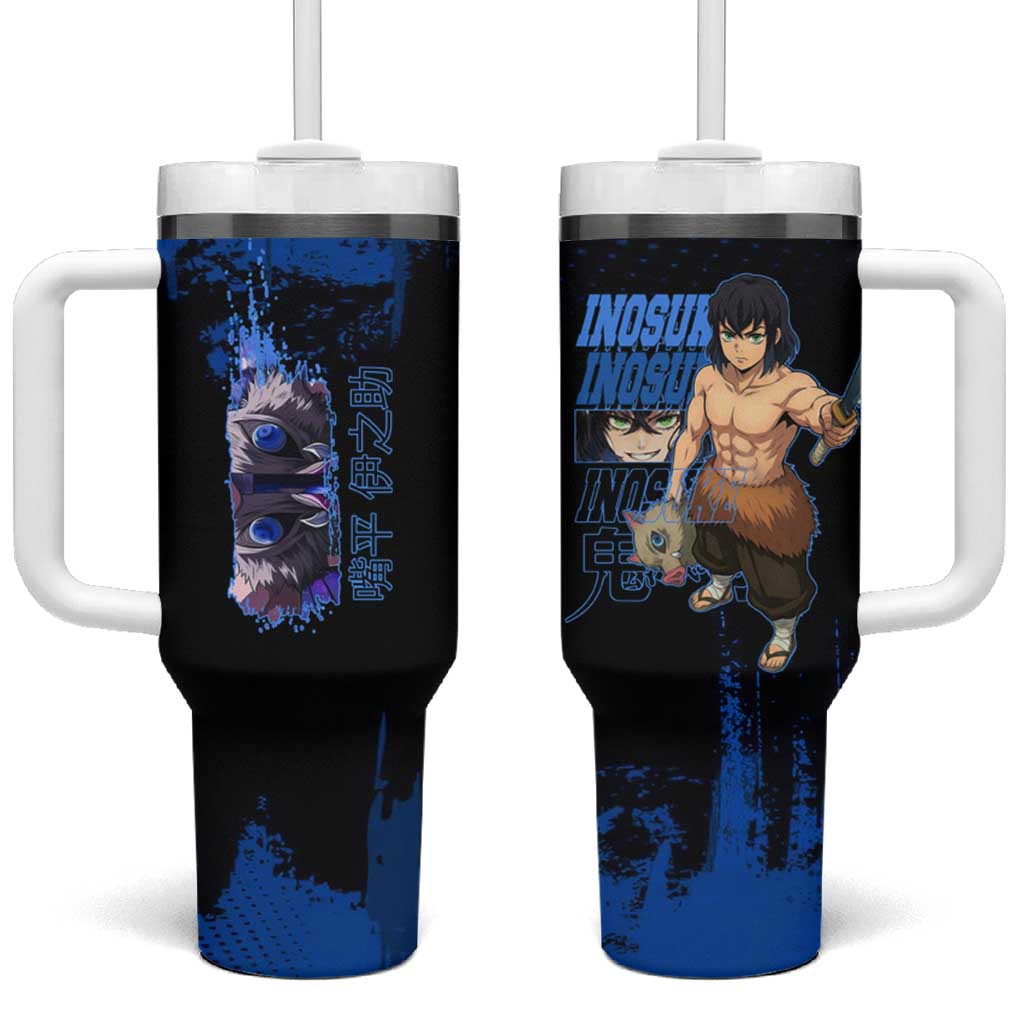 Inosuke Hashibira Demon Slayer Blue Grunge Design Tumbler With Handle with Boar Mask and Dual Sword Pose - The Mazicc