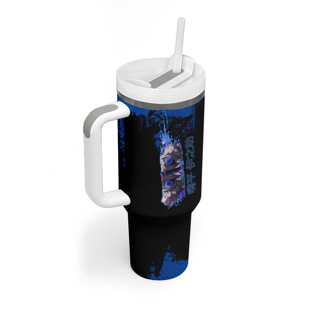 Inosuke Hashibira Demon Slayer Blue Grunge Design Tumbler With Handle with Boar Mask and Dual Sword Pose - The Mazicc