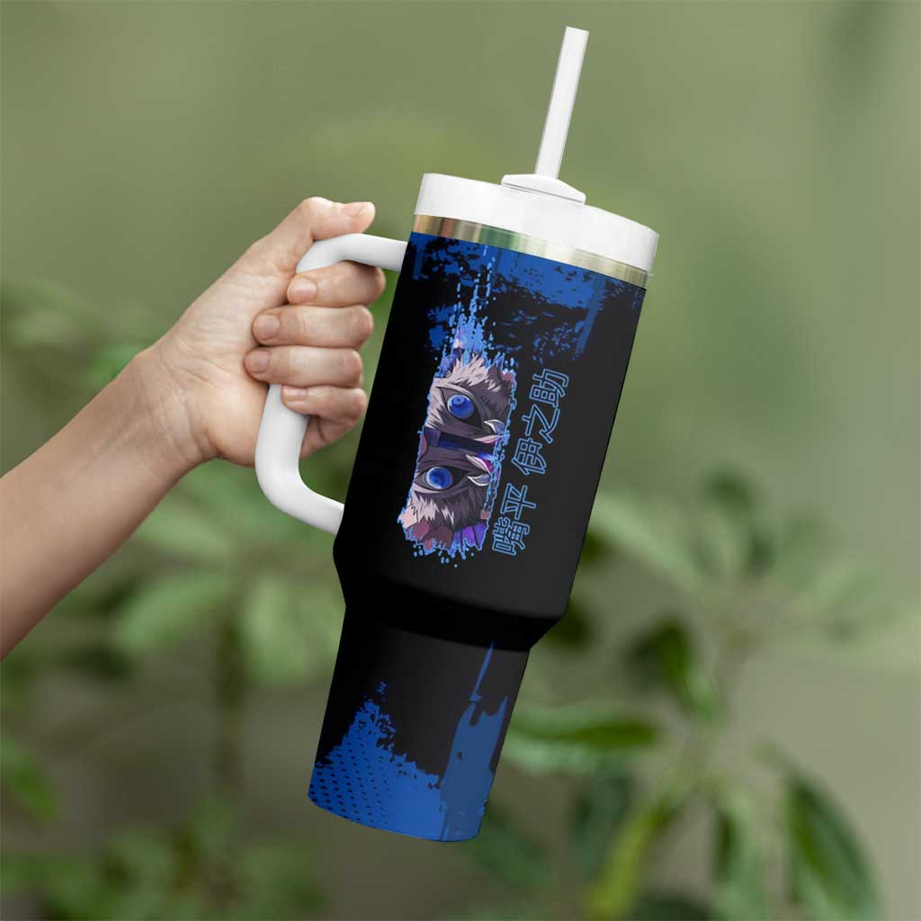 Inosuke Hashibira Demon Slayer Blue Grunge Design Tumbler With Handle with Boar Mask and Dual Sword Pose - The Mazicc