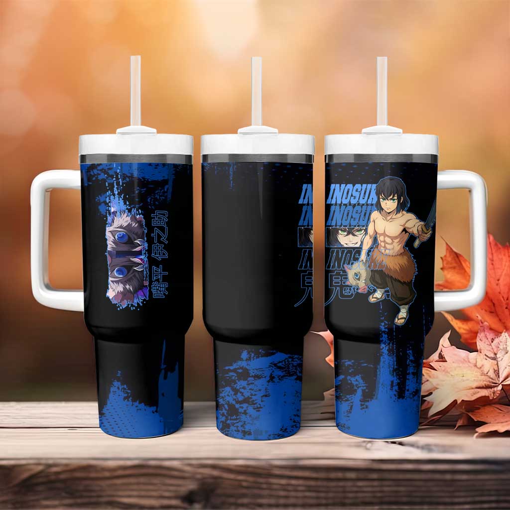 Inosuke Hashibira Demon Slayer Blue Grunge Design Tumbler With Handle with Boar Mask and Dual Sword Pose - The Mazicc