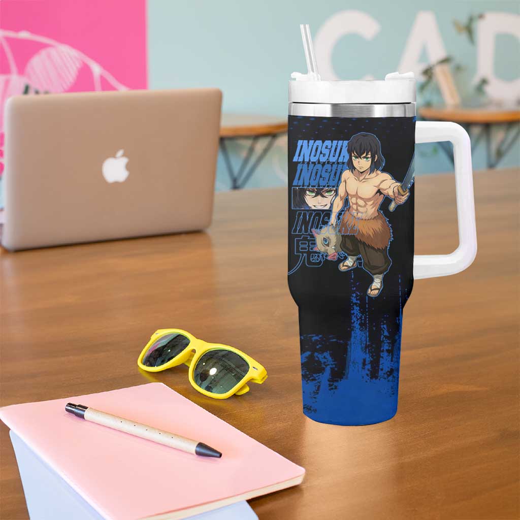 Inosuke Hashibira Demon Slayer Blue Grunge Design Tumbler With Handle with Boar Mask and Dual Sword Pose - The Mazicc