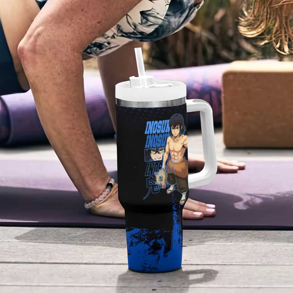 Inosuke Hashibira Demon Slayer Blue Grunge Design Tumbler With Handle with Boar Mask and Dual Sword Pose - The Mazicc