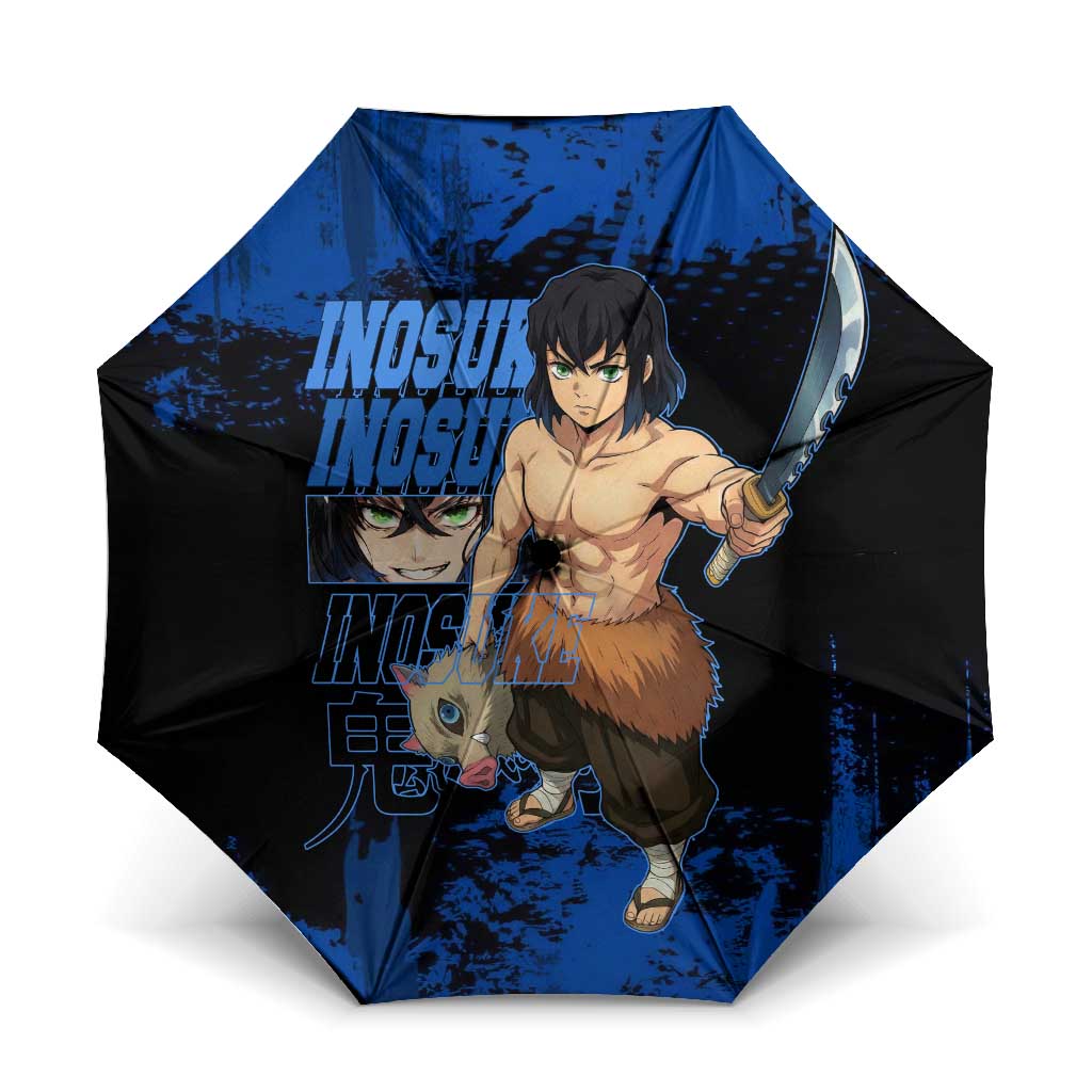 Inosuke Hashibira Demon Slayer Blue Grunge Design Umbrella with Boar Mask and Dual Sword Pose - The Mazicc