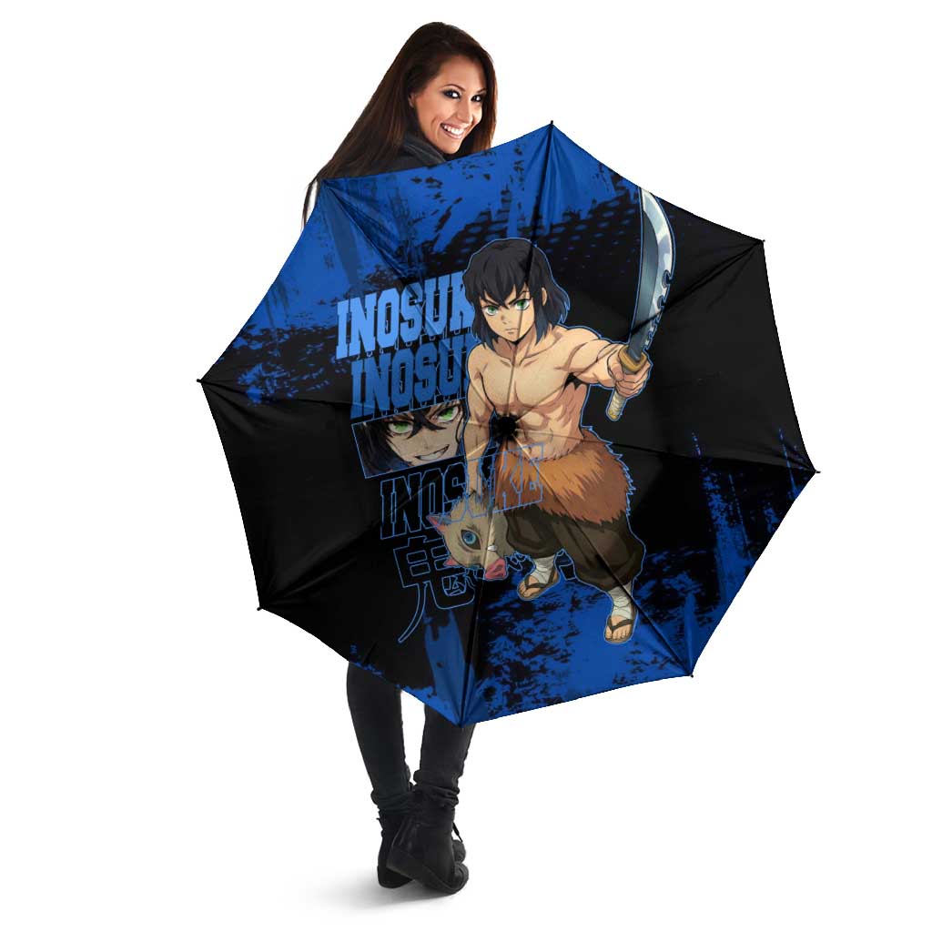 Inosuke Hashibira Demon Slayer Blue Grunge Design Umbrella with Boar Mask and Dual Sword Pose - The Mazicc