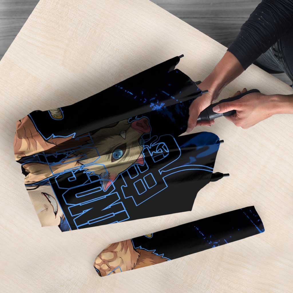 Inosuke Hashibira Demon Slayer Blue Grunge Design Umbrella with Boar Mask and Dual Sword Pose - The Mazicc