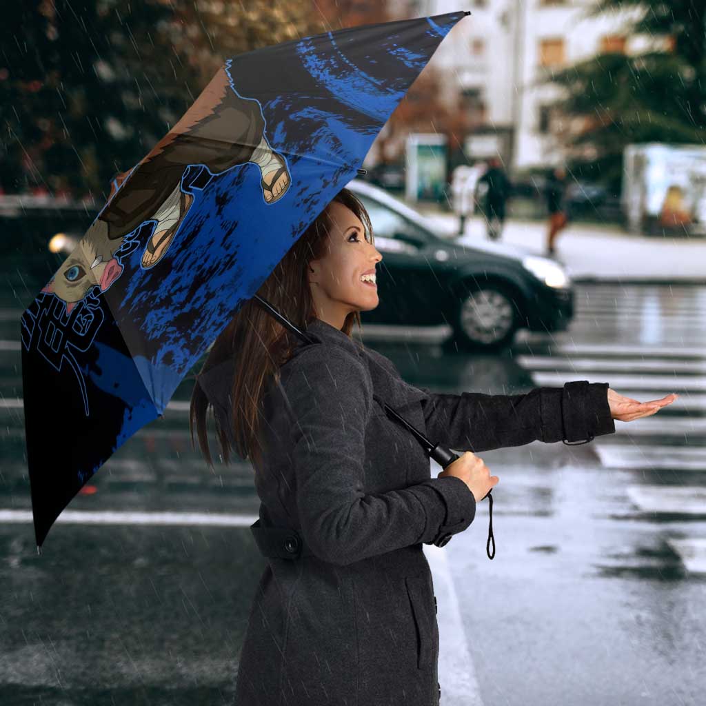 Inosuke Hashibira Demon Slayer Blue Grunge Design Umbrella with Boar Mask and Dual Sword Pose - The Mazicc