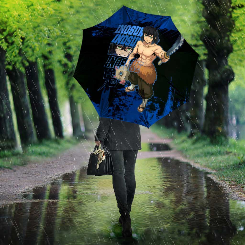 Inosuke Hashibira Demon Slayer Blue Grunge Design Umbrella with Boar Mask and Dual Sword Pose - The Mazicc